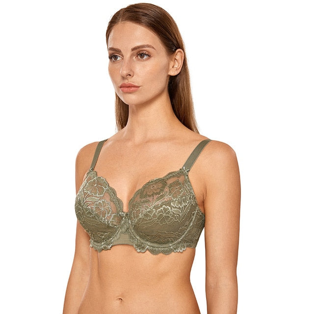 Myra Floral Lace Underwired Minimizer Bra |B - H Cup | Camouflage Green - Pumpkin
